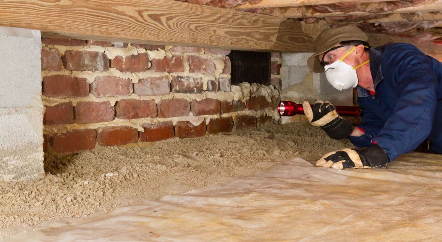 Technician inspecting a crawl space with a flashlight while wearing protective gloves, a face mask, and safety glasses, examining the foundation wall and underside of the home for signs of moisture, damage, or structural concerns.